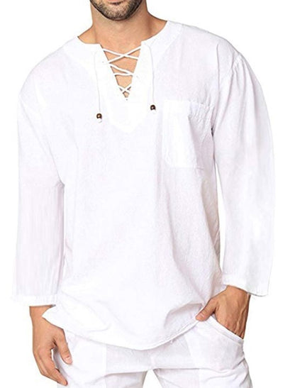 Eyelet Tie Cotton Linen Men's Shirt