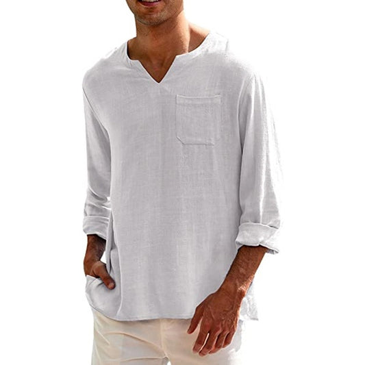 Men's Long Sleeve V Neck Casual Beach Linen Shirt