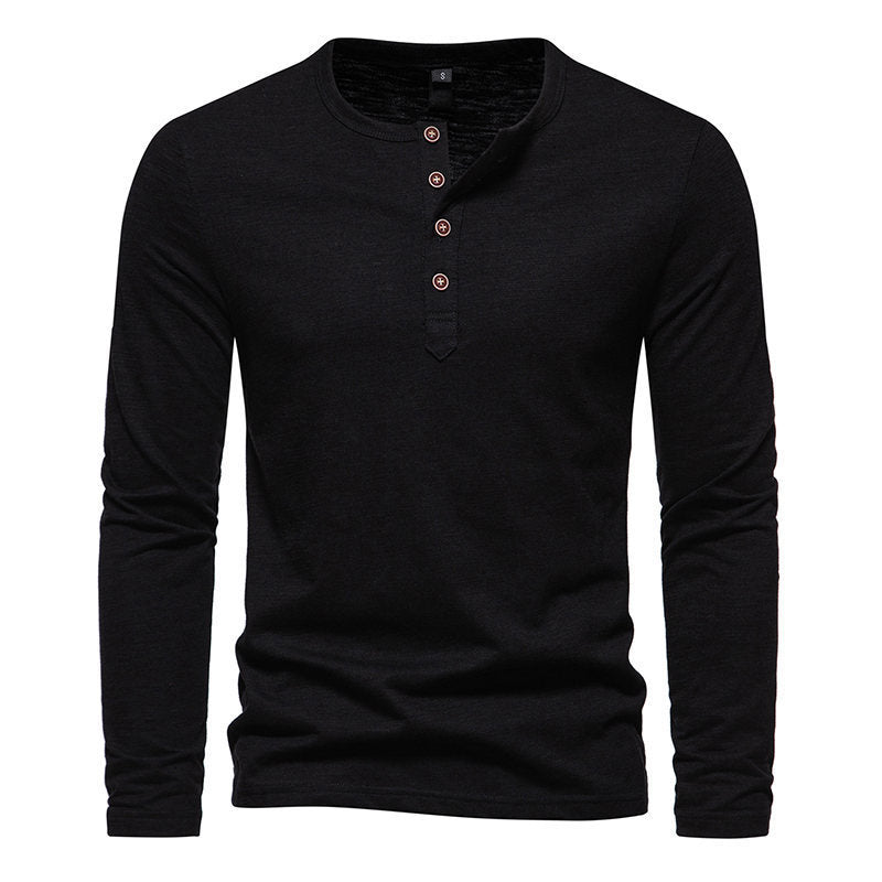 Winter New Long Sleeve T-shirt Men's Bamboo Cotton Solid Color Four Button Henry Collar Long Sleeve T-shirt Men