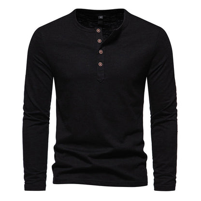 Winter New Long Sleeve T-shirt Men's Bamboo Cotton Solid Color Four Button Henry Collar Long Sleeve T-shirt Men