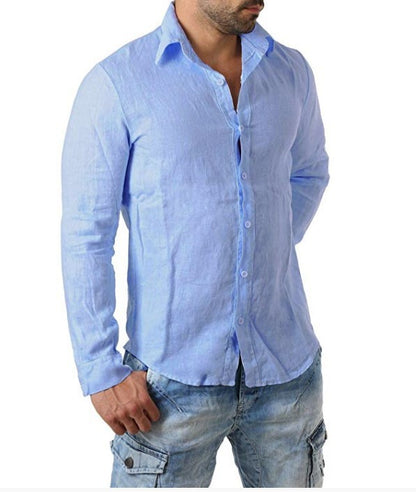 European And American Solid Color Cotton And Linen Cardigan Men's Shirt