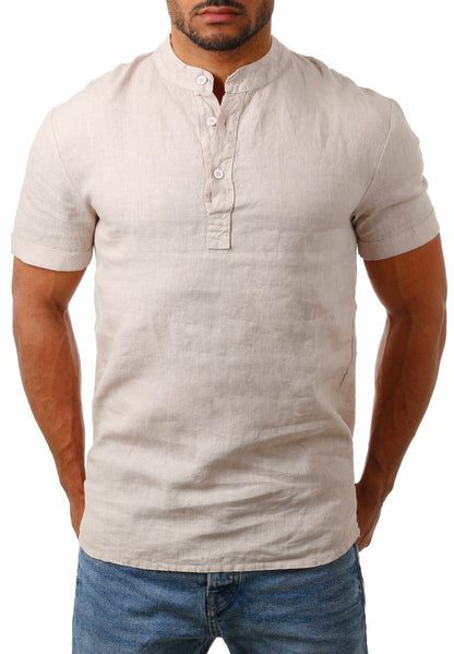 Stand Collar Cotton Linen Long Sleeve Shirt