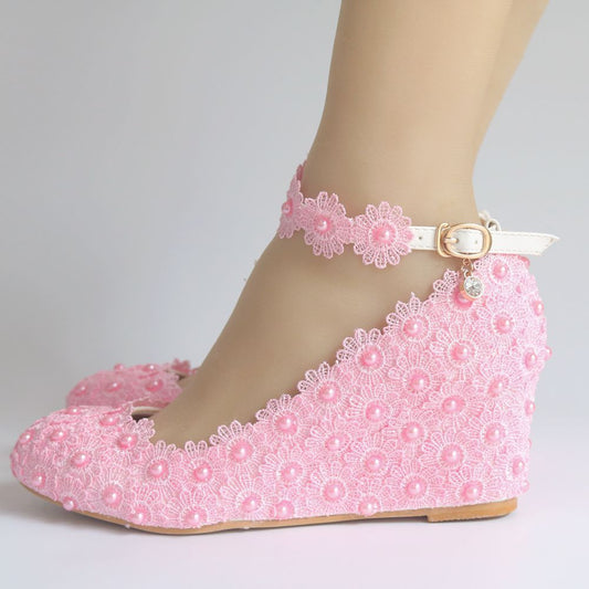 White Lace Pearl High Heel Shoes