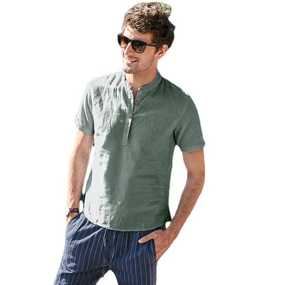 Men's Linen Short Sleeve Stand Collar Shirt