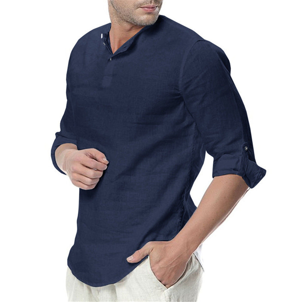 Stand Collar Cotton Linen Long Sleeve Shirt