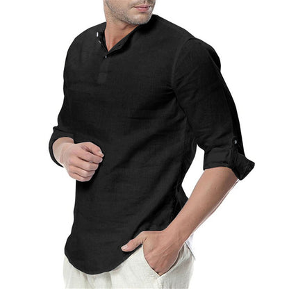 Stand Collar Cotton Linen Long Sleeve Shirt