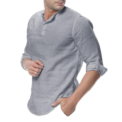 Stand Collar Cotton Linen Long Sleeve Shirt