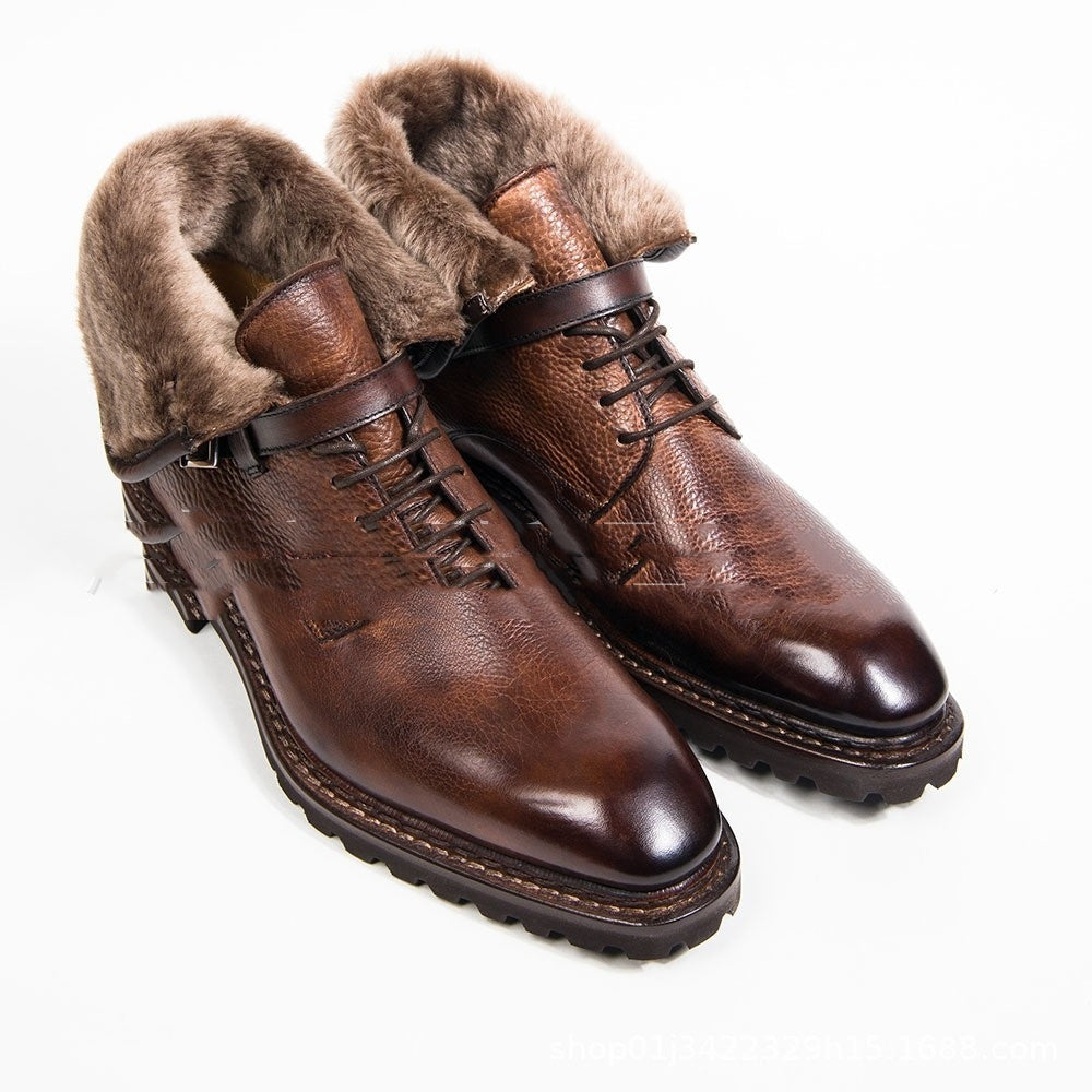 Round Head Front Lace-up Wool Mouth Low-cut British Style Chunky Heel Low Men's Boots