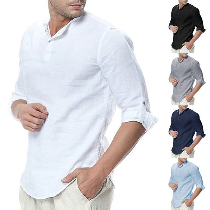 Stand Collar Cotton Linen Long Sleeve Shirt