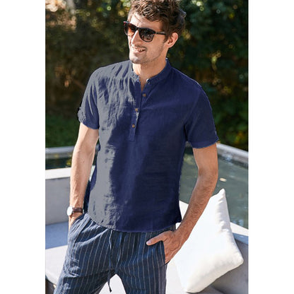 Men's Linen Short Sleeve Stand Collar Shirt