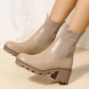 Square Toed Socks Boots Women's High Thick Heel