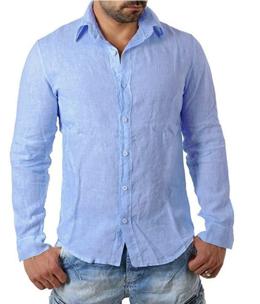 European And American Solid Color Cotton And Linen Cardigan Men's Shirt