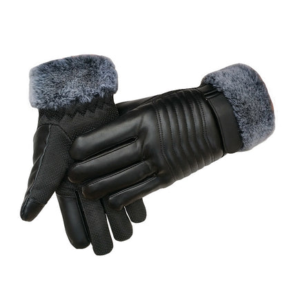 Winter Leather Gloves For Men And Women Velvet Thickened Cold-proof Warm Cycling Anti-slip Touch-screen Large Fleece Gloves