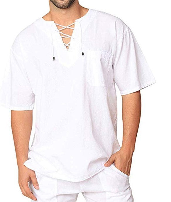 Eyelet Tie Cotton Linen Men's Short Sleeve Shirt