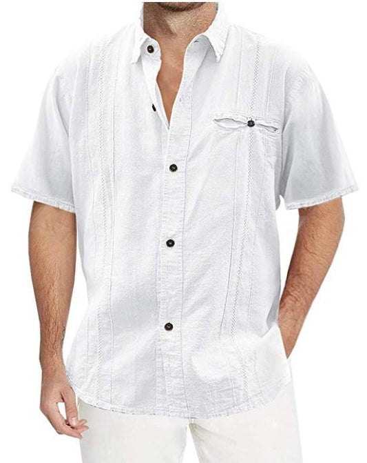 Men's Solid Color Short Sleeve Linen Cardigan New Button Lapel Shirt