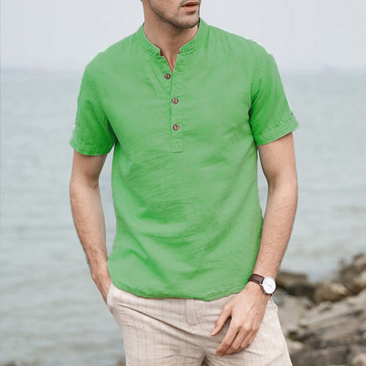 Men's Linen Short Sleeve Stand Collar Shirt