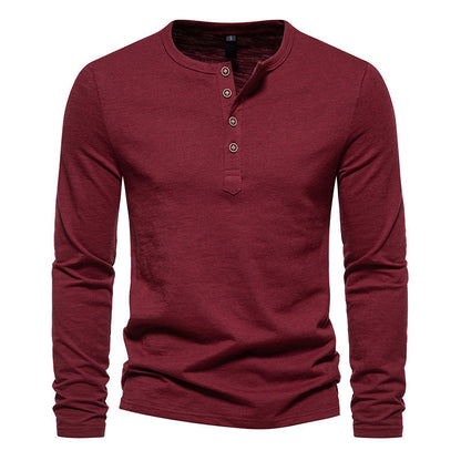 Winter New Long Sleeve T-shirt Men's Bamboo Cotton Solid Color Four Button Henry Collar Long Sleeve T-shirt Men