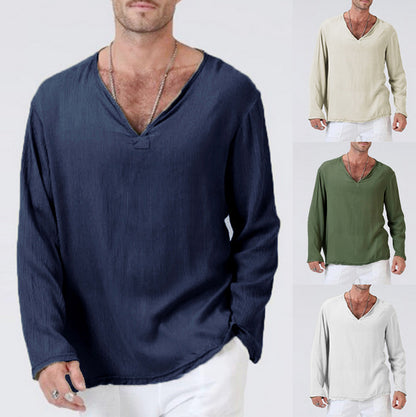 Linen Ethnic Style Loose Men's V-neck Solid Color Long-sleeved T-shirt