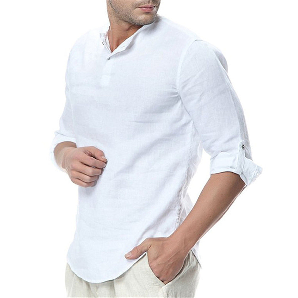 Stand Collar Cotton Linen Long Sleeve Shirt