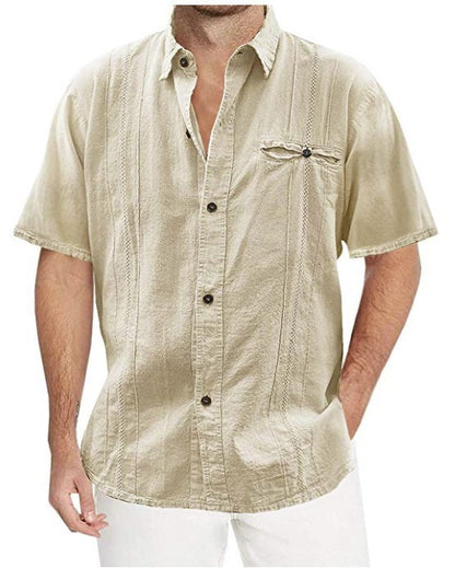 Men's Solid Color Short Sleeve Linen Cardigan New Button Lapel Shirt