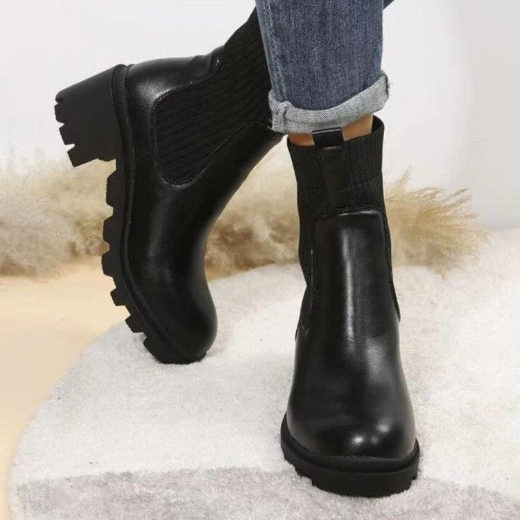 Square Toed Socks Boots Women's High Thick Heel