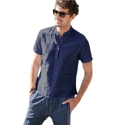 Men's Linen Short Sleeve Stand Collar Shirt