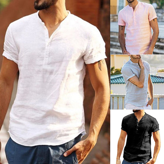 Cotton Linen Men's Short Sleeve Shirt