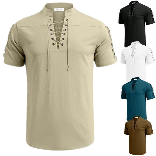 Men's Beach Shirt Short Sleeve Tie V Neck T-Shirt Tops Summer