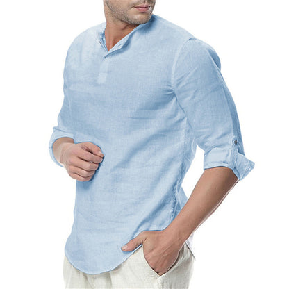 Stand Collar Cotton Linen Long Sleeve Shirt