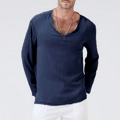 Linen Ethnic Style Loose Men's V-neck Solid Color Long-sleeved T-shirt