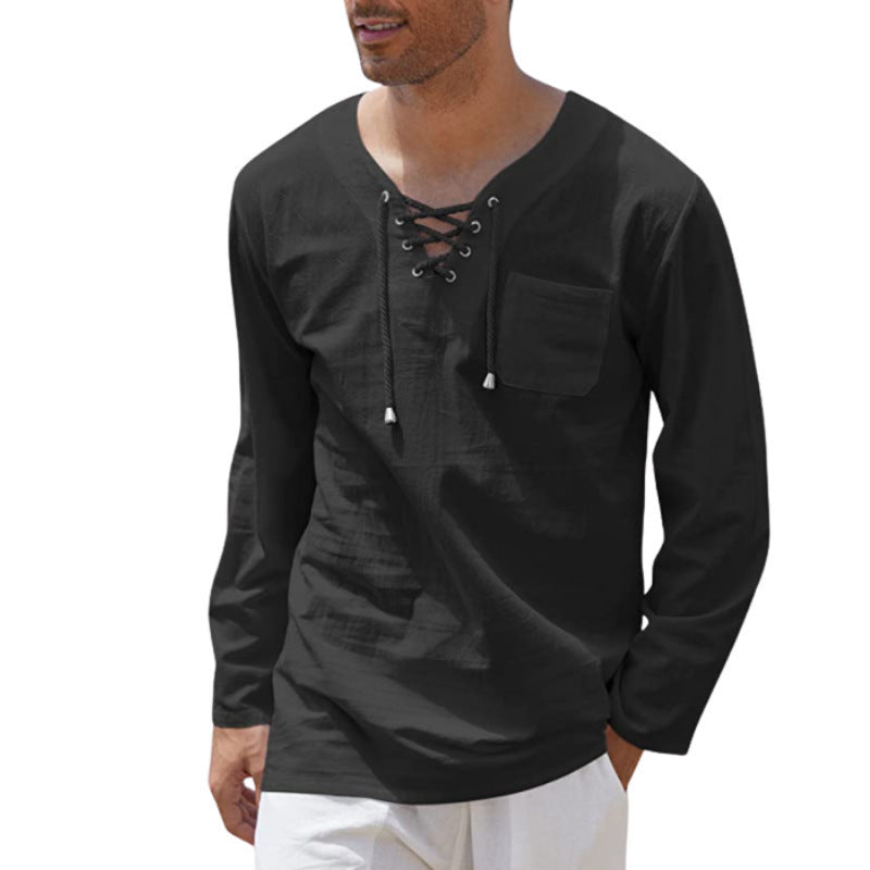 Men's Fashion Casual Lace Up Long Sleeve Shirt