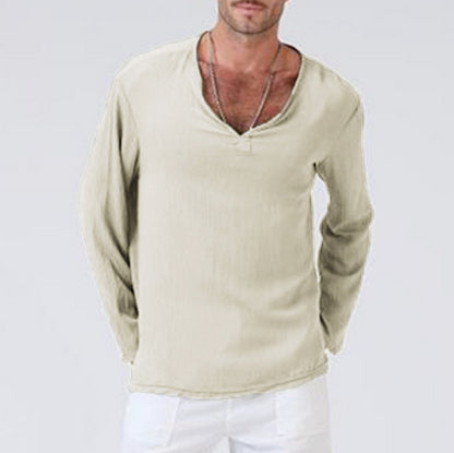 Linen Ethnic Style Loose Men's V-neck Solid Color Long-sleeved T-shirt